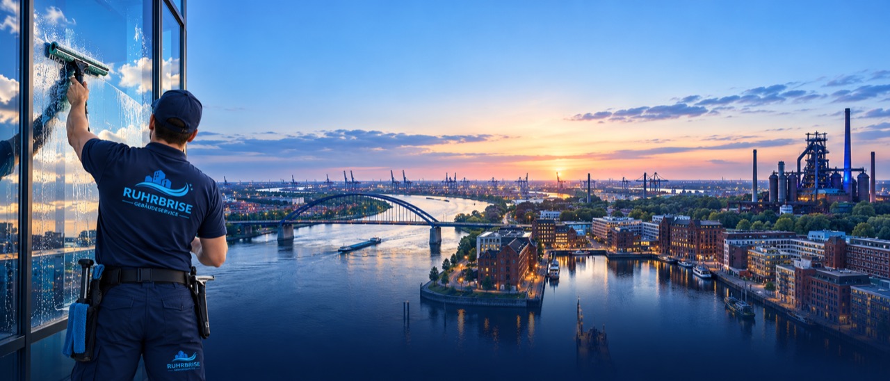 Ein Mitarbeiter von RUHRBRISE reinigt eine Glasfassade hoch über Duisburg – mit Blick auf den Rhein, die Brücke der Solidarität, den Innenhafen und den Landschaftspark Duisburg-Nord in der Abenddämmerung.